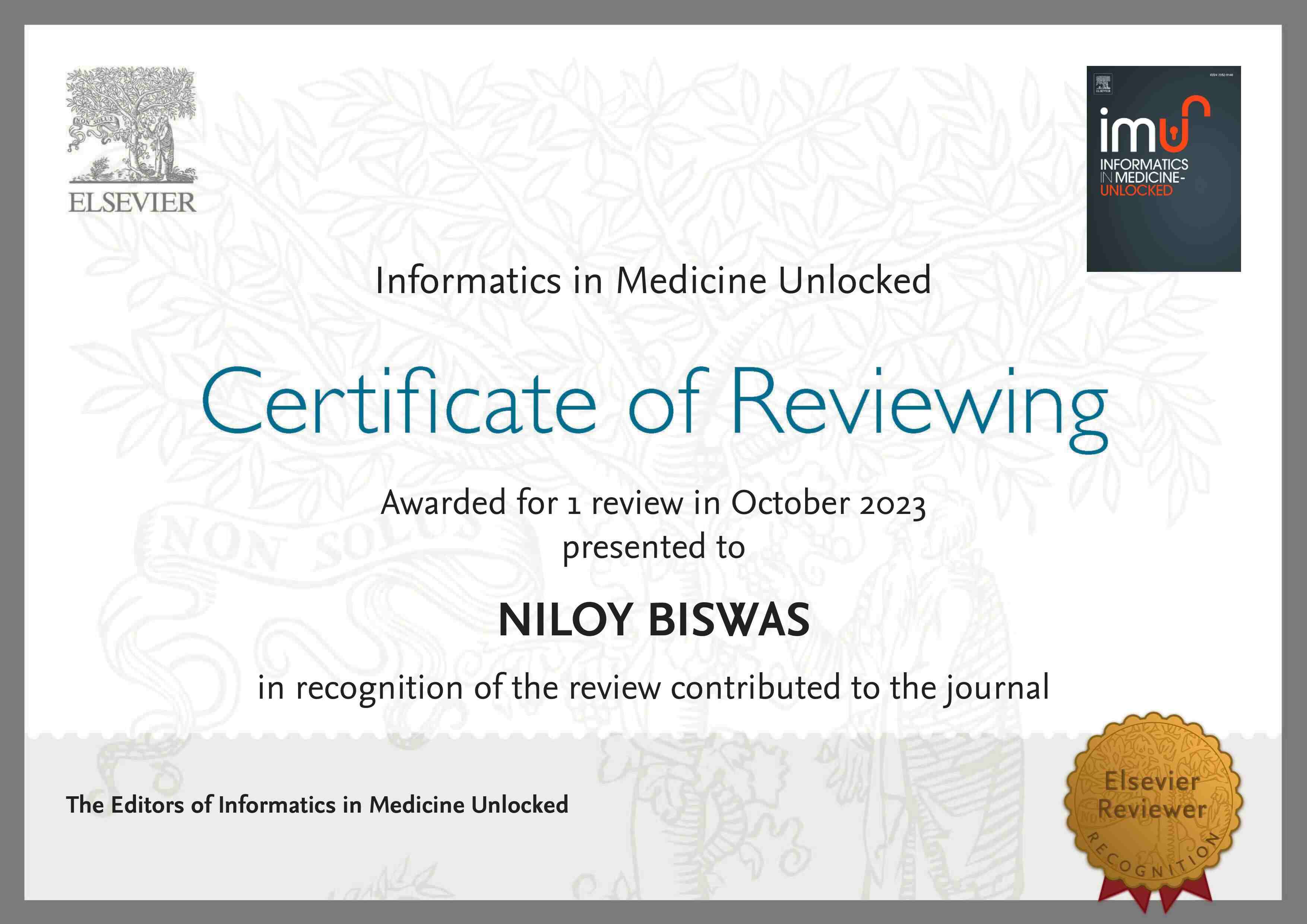 Niloy Biswas - Elsevier Informatics in Medicine Unlocked Reviewer Certificate